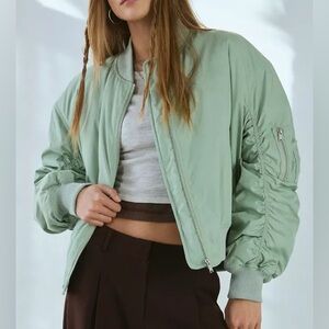 Urban Outfitters BDG Ruched Sleeve Cropped Sage Green Bomber Jacket